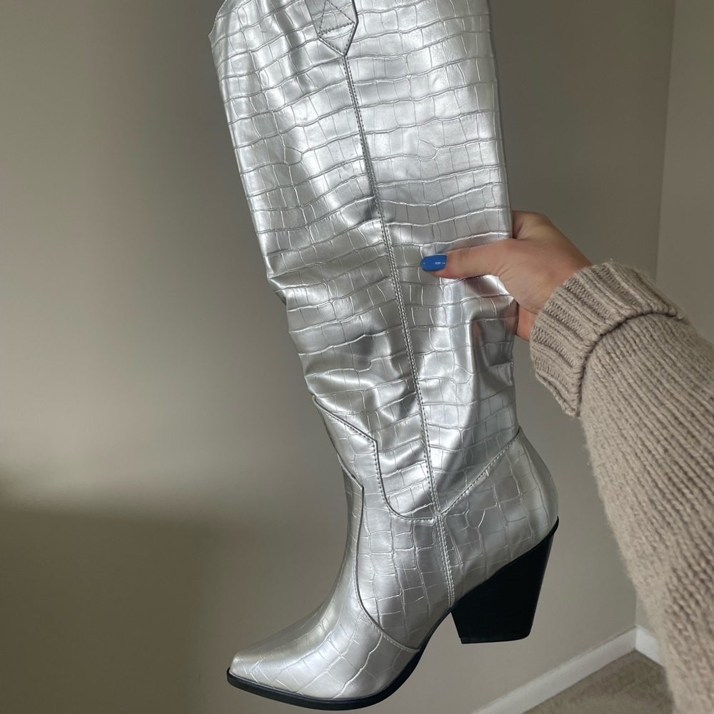 Nasty Gal Knee high silver cowboy boots